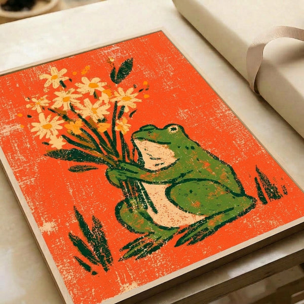 Charming botanical wall art depicting a whimsical frog presenting a daisy bouquet in retro style, with a warm palette of coral red, pale yellow, and forest green tones.