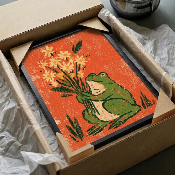Nature-loving cottagecore poster showcasing a cheerful frog surrounded by blooming daisies and verdant leaves in soft retro hues of cream, coral, yellow, and green.