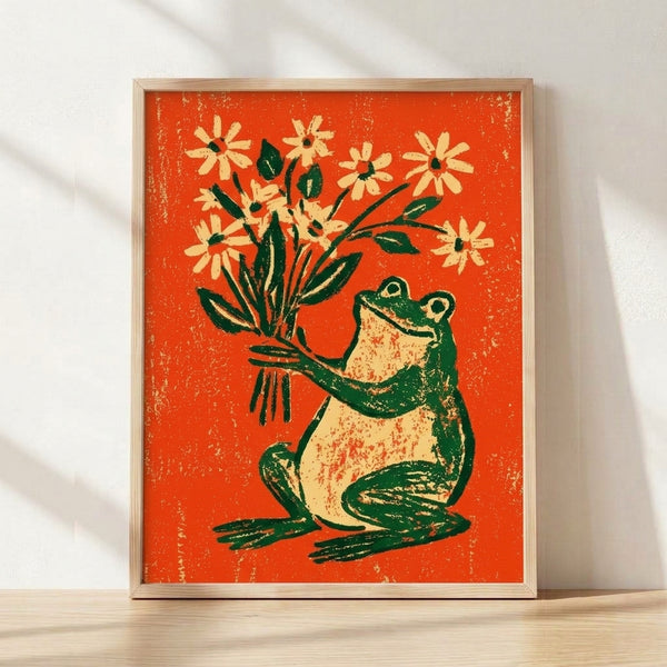 Retro folk art poster of a cheerful frog holding a daisy bouquet in burnt orange, cream, and forest green tones, framed on a wall.