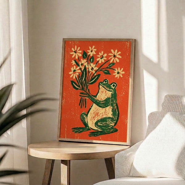 Whimsical vintage-style print featuring a frog with flowers in nostalgic cottagecore colors of pale yellow and burnt orange, displayed as framed wall art.