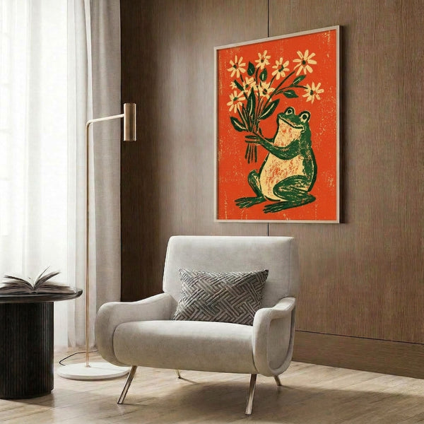 Charming folk art framed poster showing a delightful frog clutching a bouquet of daisies rendered in warm retro hues and earthy greens.