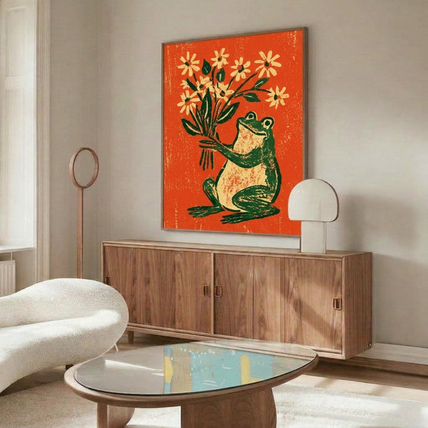 Nostalgic cottage-core inspired artwork of a cheerful frog holding wildflowers, combining burnt orange and cream with forest green accents in folk art style.