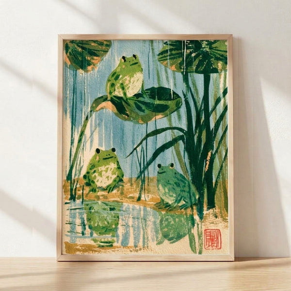 Japanese woodblock style framed poster depicting serene pond scene with frogs among water lilies and aquatic plants in soft blue, sage green, and cream tones.