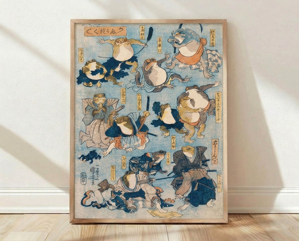 Whimsical Japanese woodblock-style poster featuring a frog samurai warrior in ornate kimono, holding a sword and fan with theatrical flair, rendered in pale blue, tan, navy, and burnt orange tones.