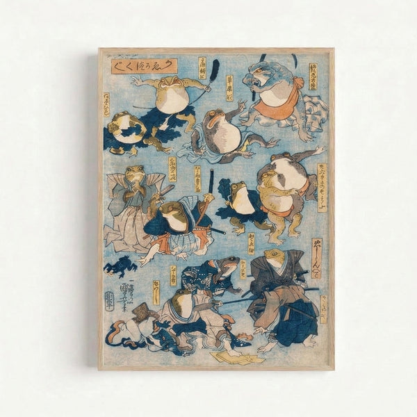 Humorous ukiyo-e inspired art print of a anthropomorphic toad dressed as a kabuki performer in traditional warrior attire, wielding a sword against a cream and blue background.