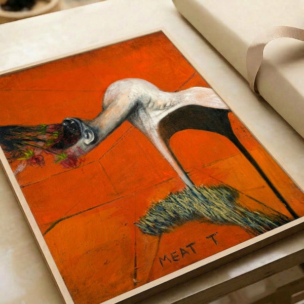 Expressionist poster with distorted, writhing forms in muted browns and crimson tones, executed in urgent, gestural marks that convey raw psychological intensity and primal fury.