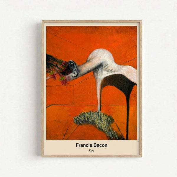 Framed modern art print featuring intense, swirling abstract shapes in ochre and charcoal tones evoking a sense of anguish and psychological disturbance.