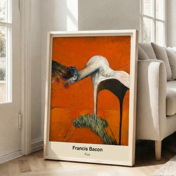 Wall-mounted expressionist print showcasing turbulent abstract forms in muted grays and burnt reds against a shadowy background, conveying visceral intensity.