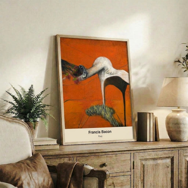 Framed poster with nightmarish abstract imagery in deep reds, blacks, and ochre hues; a surreal, unsettling study in psychological turmoil and raw expression.