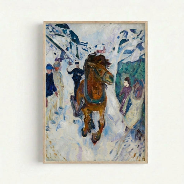 Framed art print depicting a horse in rapid gallop with expressionist style, featuring rich dark colors and emotionally charged movement.