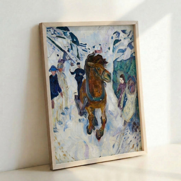 Dark expressionist horse painting showing a powerful animal mid-stride with loose, energetic brushwork and moody color palette.