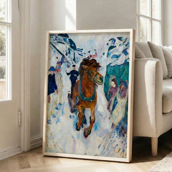 Galloping horse artwork in expressionist style with dramatic dark tones, capturing the intensity and movement of the animal in motion.