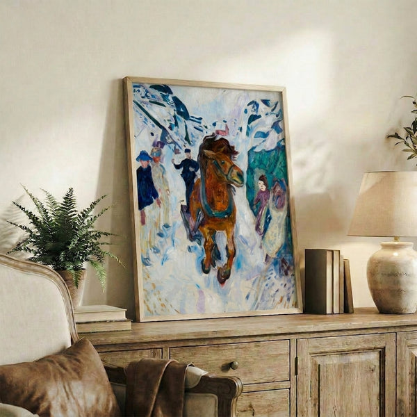 Bold expressionist print of a galloping horse rendered with sweeping strokes and deep, somber hues on gallery wall.