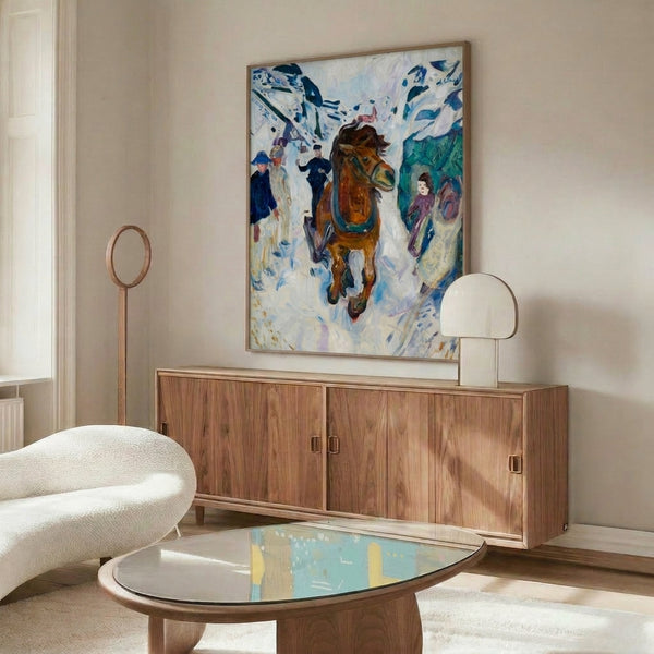 Framed expressionist portrait of a horse galloping with raw energy, featuring dark colors and gestural painting technique.