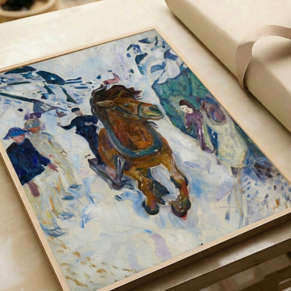 Expressionist horse print showing rapid gallop in dynamic composition with dark expressionistic palette and emotional intensity.