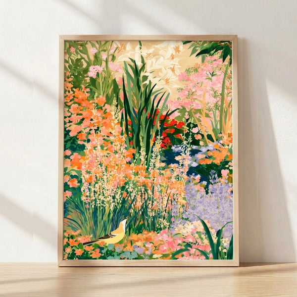 Serene watercolor painting of a bird perched among blooming garden flowers and lilies in soft orange, pink, and forest green tones, framed as wall art.