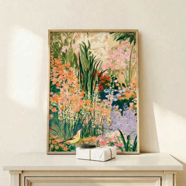 Japandi-style botanical watercolor print featuring a graceful bird nestled in flowering plants with lavender and cream accents, displayed as framed wall decor.