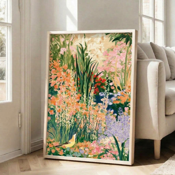 Peaceful watercolor artwork depicting a garden scene with delicate flowers, grass, and a bird in soft pink, orange, and green hues on pale cream background.