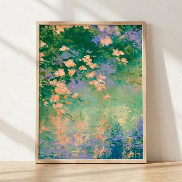Serene watercolor poster of peach blossoms and garden foliage in soft coral, sage green, and lavender tones, rendered in an impressionist style with dreamy, peaceful atmosphere.