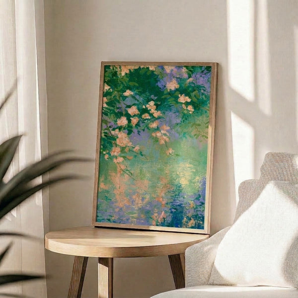 Soft watercolor painting of coral peach flowers and layered foliage in muted sage and lavender hues, capturing the serene beauty of a blooming garden in impressionist style.