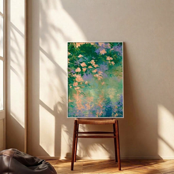 Dreamy watercolor poster featuring delicate peach blossoms and garden botanicals in peaceful greens and purples, composed with impressionist brushwork and soft cream highlights.