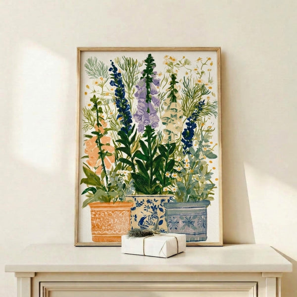 Cheerful botanical watercolor art print displaying terra-orange and golden-yellow wildflowers in ceramic pots against a cream background, blending Japandi aesthetic with homey garden appeal.