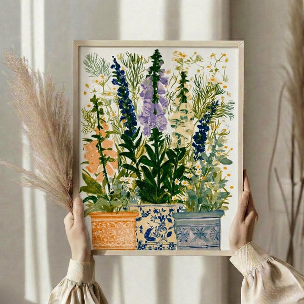 Soft watercolor illustration of potted herbs and wildflowers with navy blue accents and muted earth tones, capturing a serene, minimalist Japandi garden mood in framed poster form.