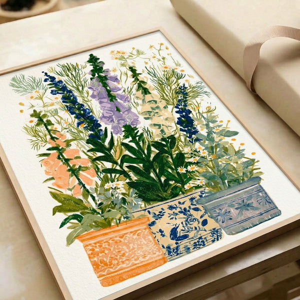 Delicate watercolor garden scene featuring sage green foliage and blooming wildflowers in various containers, rendered in warm creams and gentle purples with Japandi design sensibility.