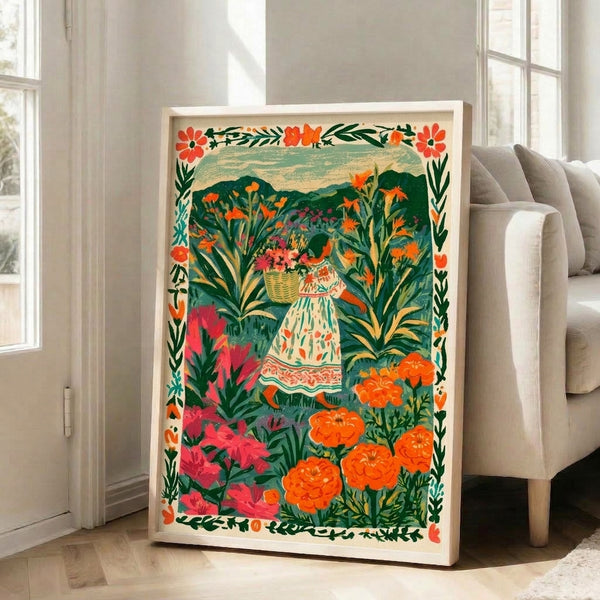 Botanical-inspired folk art poster showing a joyful woman harvesting blossoms in a garden setting, featuring vibrant golden yellow, pink, and green hues in a charming vintage cottagecore aesthetic.