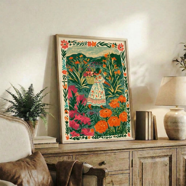 Pastoral folk art wall print of a woman collecting flowers in a basket surrounded by blooming plants and foliage, combining cream and forest green backgrounds with warm coral and magenta accents.