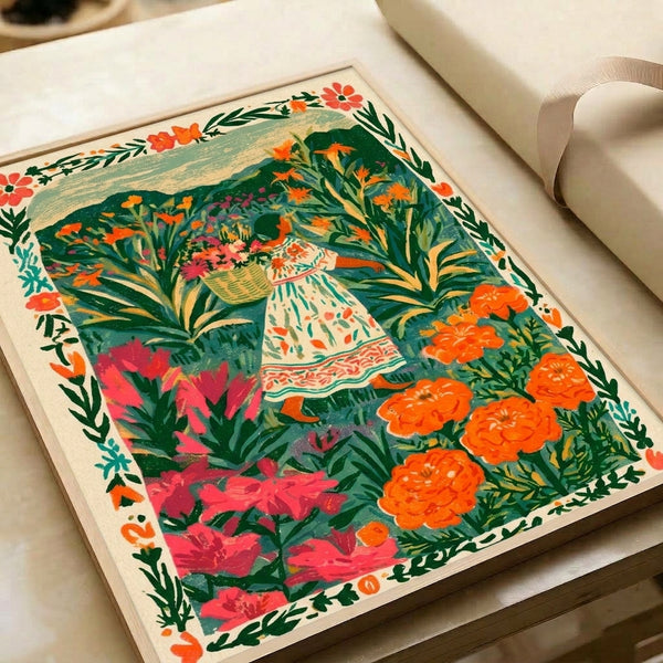 Whimsical vintage-style folk art framed poster capturing a serene garden moment with a woman picking flowers, rendered in a cozy palette of cream, golden yellow, and rich jewel tones.