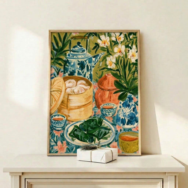 Warm, cozy watercolor composition of a tea service with pottery vessels, blooming florals, and botanical elements in soft sage, cobalt blue, and golden hues, displayed as framed wall art with domestic charm.