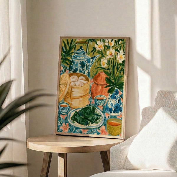 Boho-style watercolor poster featuring a serene tea table arrangement with teapot, flowering plants, and dishware in a palette of sage green, coral, cream, and cobalt blue tones.