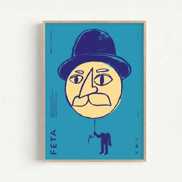 Minimalist theater festival art print with quirky abstract face and floating balloon, rendered in playful 1920s Bauhaus style with muted colors.