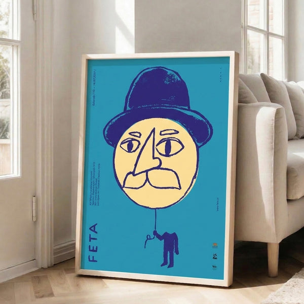 Framed retro festival art combining Bauhaus design principles with surreal imagery of a man's profile, bowler hat, and abstract eye detail.