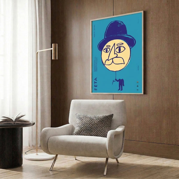 Abstract Bauhaus-inspired theater print featuring a stylized face, bowler hat, and balloon in retro color scheme of turquoise and soft yellows.