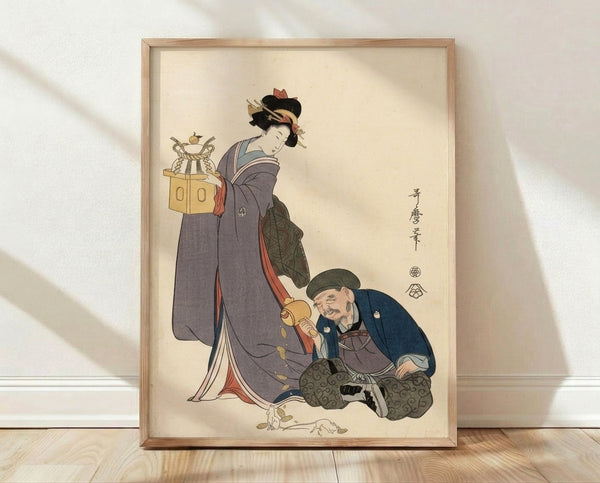Japanese woodblock print depicting an elegant geisha in an indigo kimono holding a shamisen, paired with a male figure in traditional dress, rendered in warm cream, gold, and rust tones against a muted background.