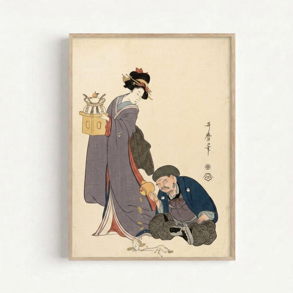 Framed Edo period ukiyo-e style artwork showing a geisha musician in ornate clothing alongside a companion, with rich indigo and olive green hues conveying theatrical elegance and cultural sophistication.