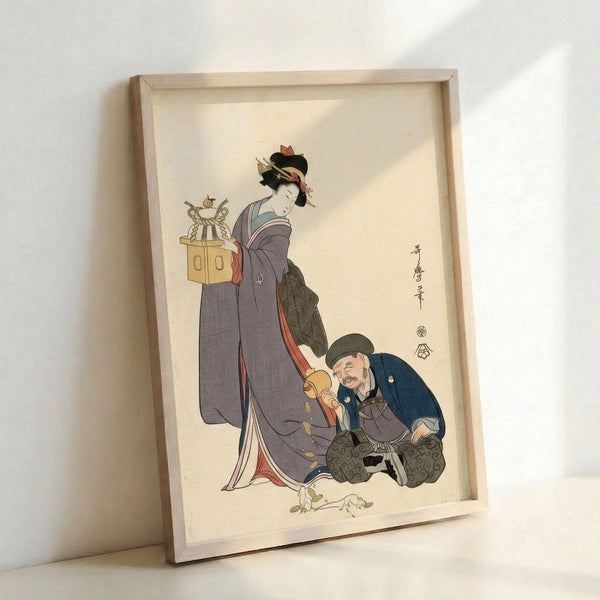 Utamaro-inspired woodblock art featuring a beautifully dressed geisha with shamisen and attendant figure, composed in cream, gold, and deep indigo with a refined, heritage aesthetic.