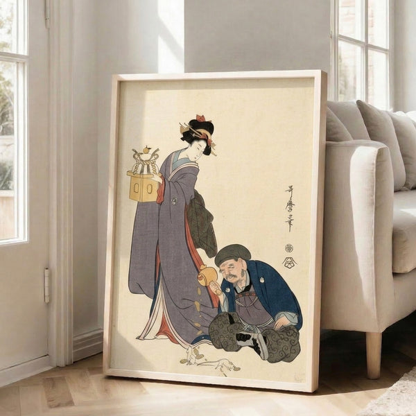 Traditional Japanese woodblock composition of a geisha in elaborate kimono with musical instrument and seated male figure, rendered in warm creams, rust reds, and indigo with theatrical mood.
