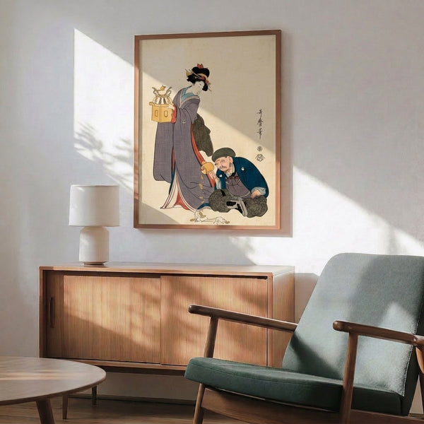 Showa-era style reprint of classic Japanese woodblock depicting geisha performer with shamisen and companion figure, showcasing muted cream and indigo palette with cultural elegance.