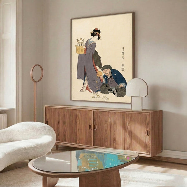 Framed Japanese woodblock print in traditional style presenting a robed geisha musician alongside another figure, executed in sophisticated cream, gold, indigo, and olive tones.