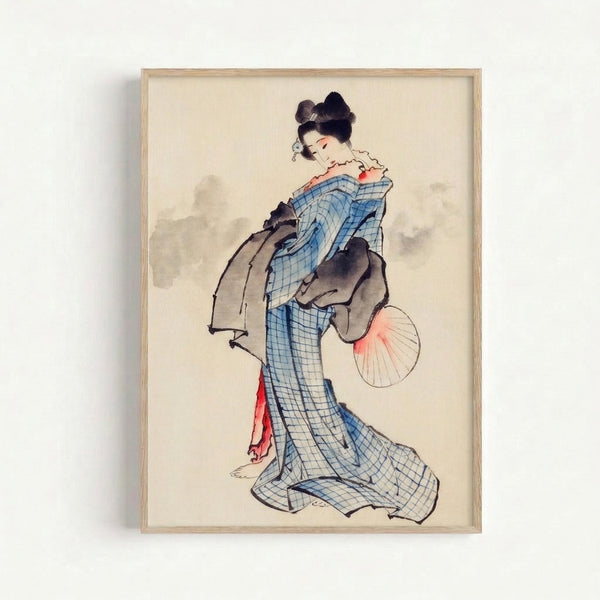 Elegant geisha portrait in traditional ukiyo-e style wearing a blue patterned robe, featuring soft cream and gray hues with delicate coral accents in a framed wall art presentation.