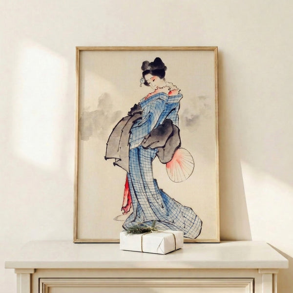 Graceful figure study in vintage Japanese woodblock technique: a geisha in blue checkered robes holding a fan, composed in cream, coral, and slate gray with sophisticated restraint.