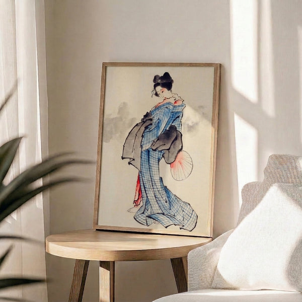 Vintage Japanese woodblock portrait of a serene geisha wearing a striking blue checkered kimono, palette of cream, gray, and coral pink, presented as gallery wall art.