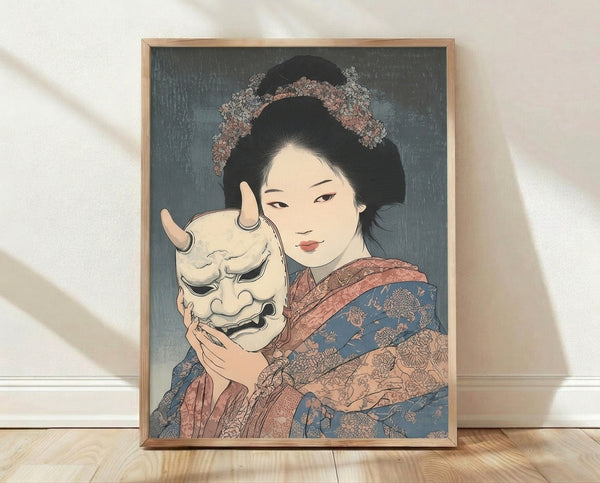Framed Japanese woodblock art print featuring an elegant woman wearing a traditional Noh mask, surrounded by delicate cherry blossoms in coral pink, slate gray, and cream tones against a blue background.