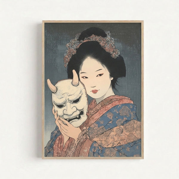 Mysterious Showa-era inspired poster showing a contemplative figure in a decorative Noh mask adorned with flowing fabric and floral elements in muted coral, gray, and cream hues.
