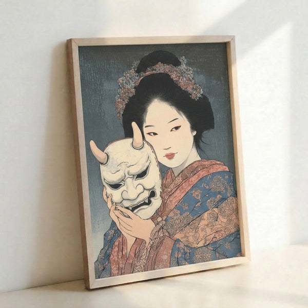 Wall art print depicting a serene woman with a traditional Japanese mask, rendered in the style of woodblock prints with cherry blossoms and fabric draping in slate gray, cream, and soft coral tones.