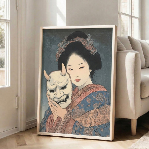 Japanese cultural art print featuring a masked female figure in elegant pose, surrounded by blooming flowers in cream, coral pink, and blue, framed on display in a contemplative Showa aesthetic.