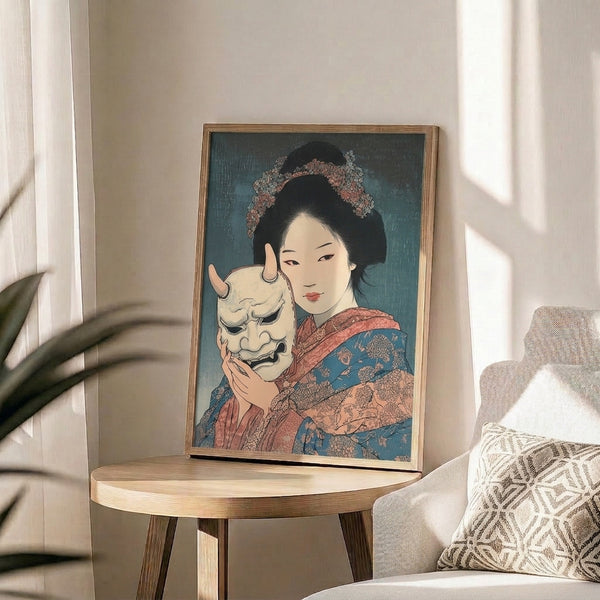 Framed poster showcasing a mysterious Noh-masked woman with flowing fabric and cherry blossoms, executed in traditional woodblock style using slate gray, coral, cream, and deep blue pigments.